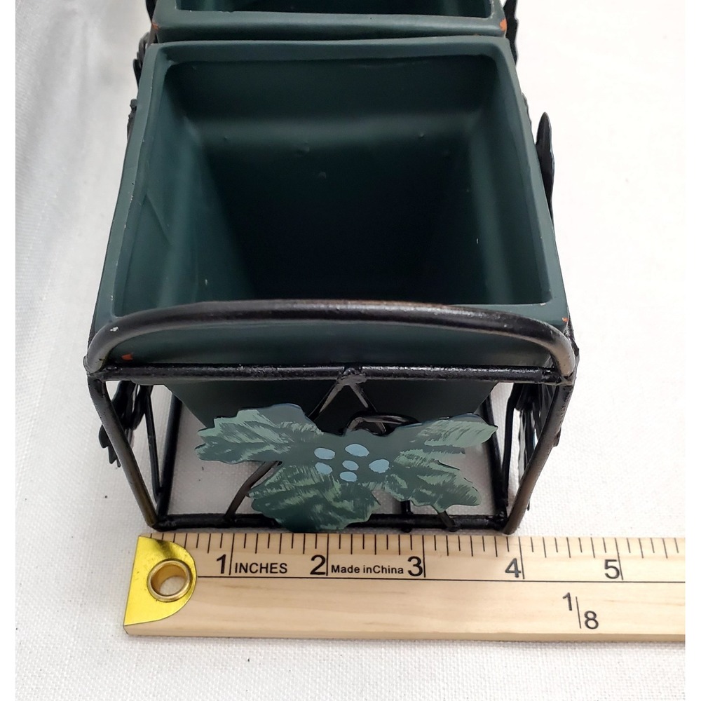 Vintage Square 3 Green Clay Pots With Metal Ivy‎ Leaves Planter Rack 11" x 4" - Picture 7 of 9